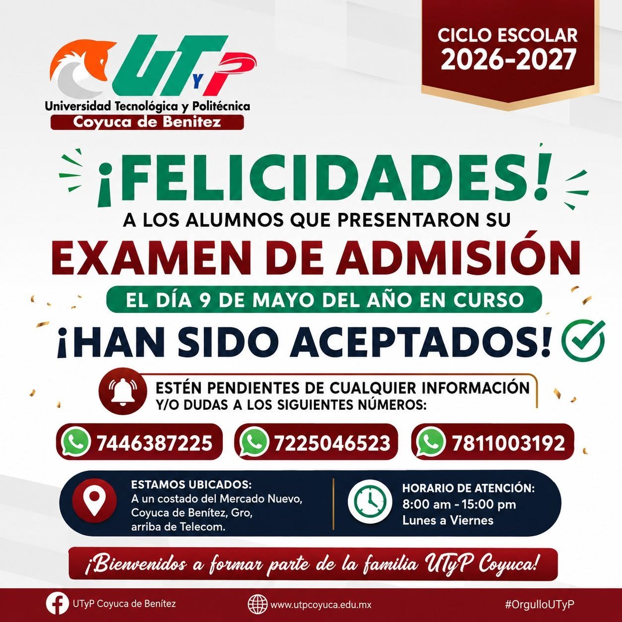 ¡Felicidades a las y los aceptados 2026-2027!